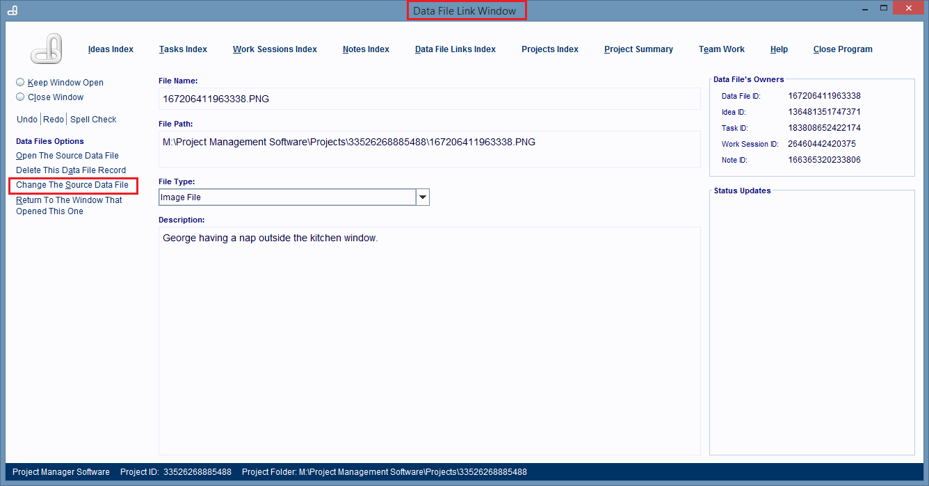 The Data File Link Window is displaying the selected Data File Link record. You use this window to locate the new computer file.