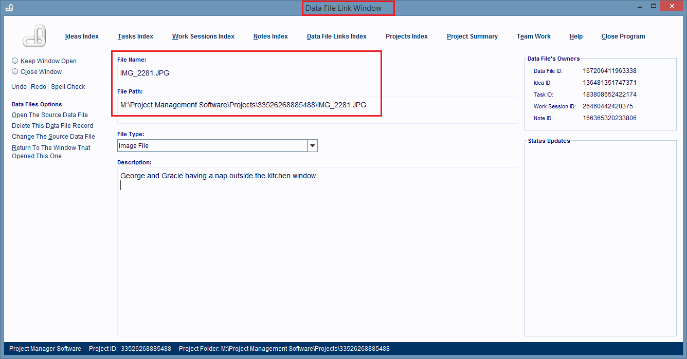 The new computer file is now linked to the Data File Link record.