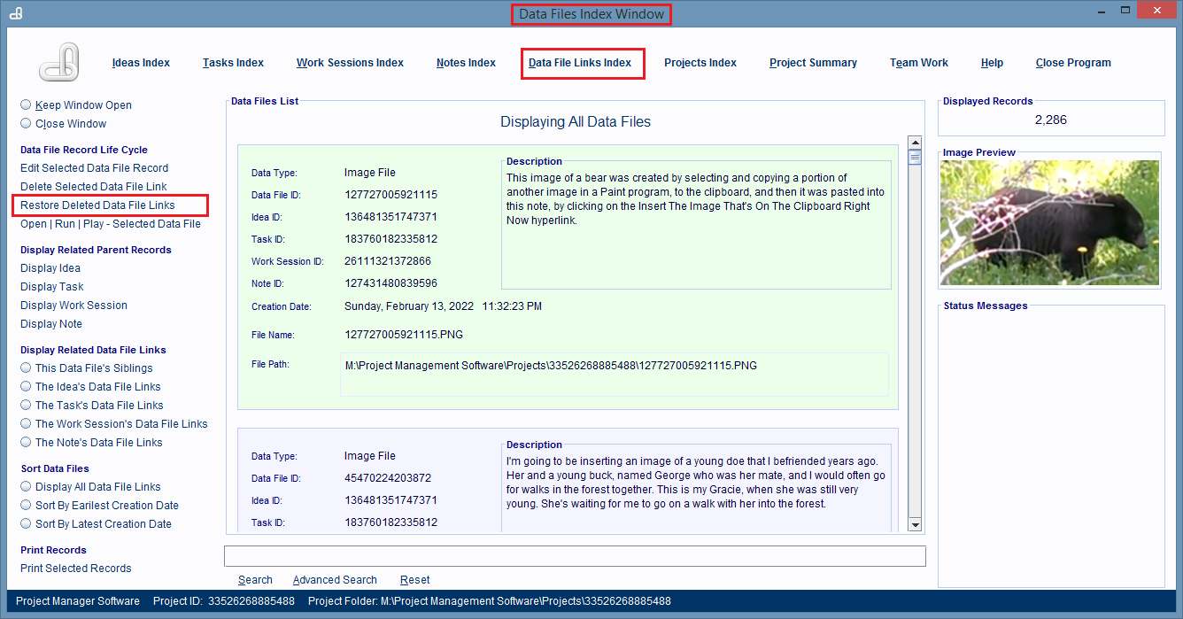 Open the Data File Links Index Window.