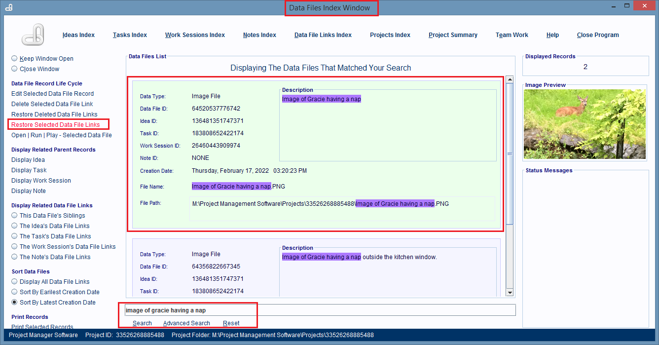 The Index Window displays a list of the deleted records. Search .