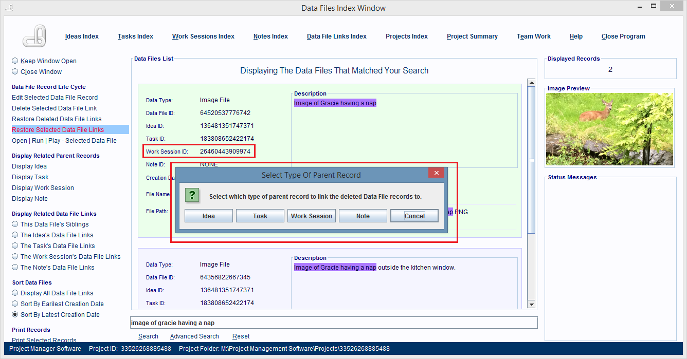 Click the button for the type of parent record you want to link 
                        the restored Data File Link record to.