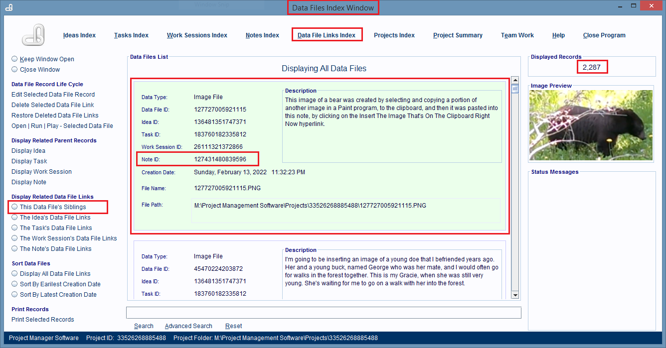 Hyperlinks that display a Data File Link's sibling records.