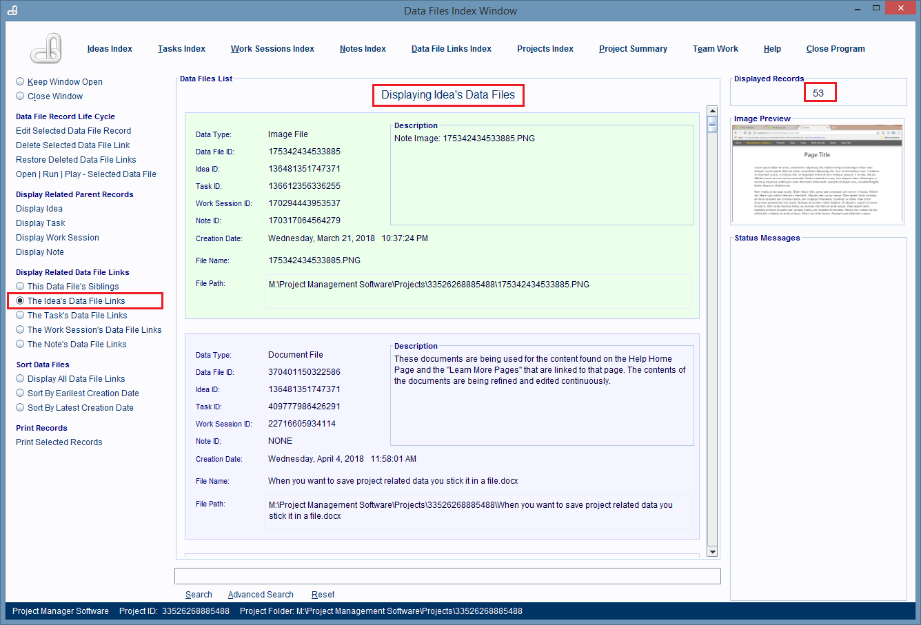 The window is only displaying the parent Idea's Data File Link records.