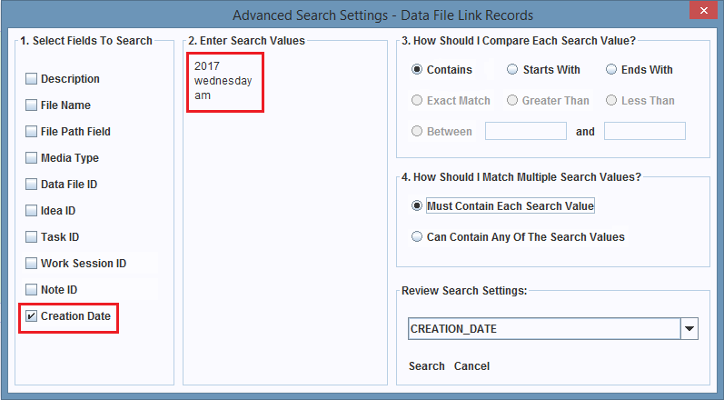 The search settings for the Creation Date field.