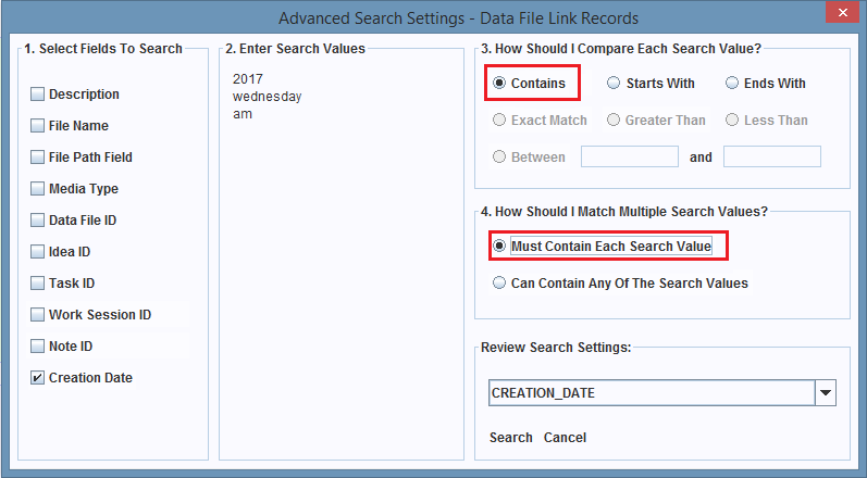 The search settings for the Creation Date field.