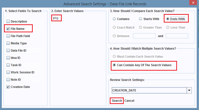 Advanced Search Settings dialog box