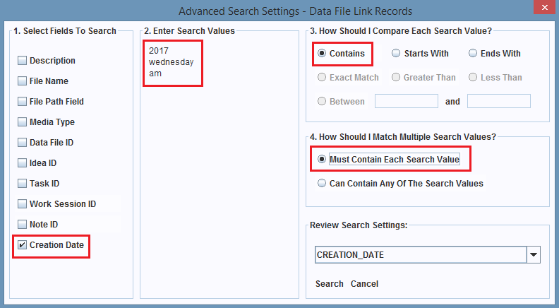 Advanced Search settings applied to the Creation Date field.