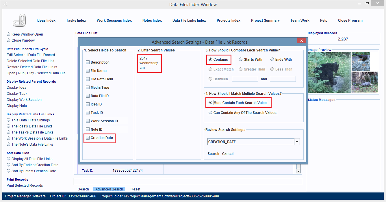 The search settings for the Creation Date field.