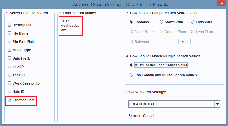 The search settings for the Creation Date field.