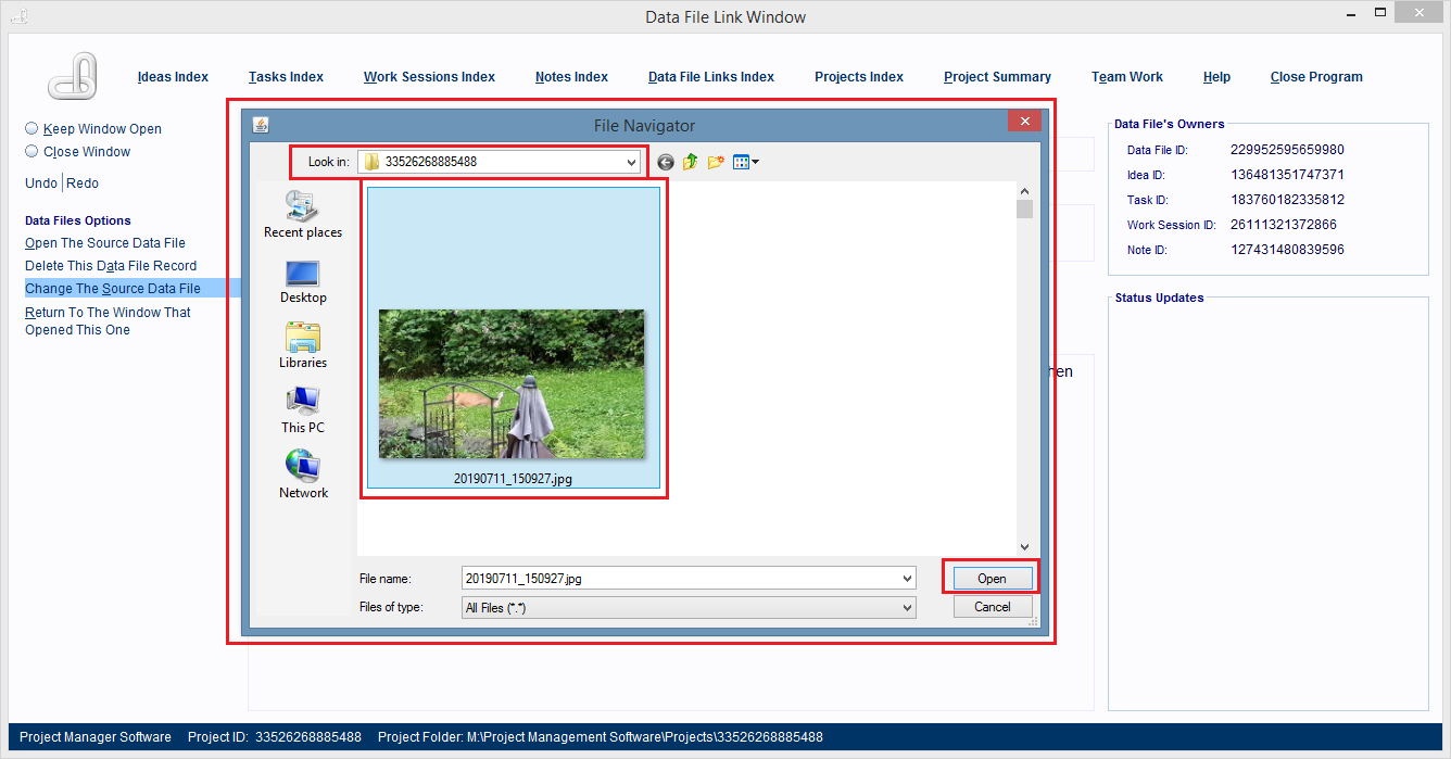 Use the displayed File Navigation dialog box to locate and select the 
                new computer file. Double click on its entry to link it to the record.