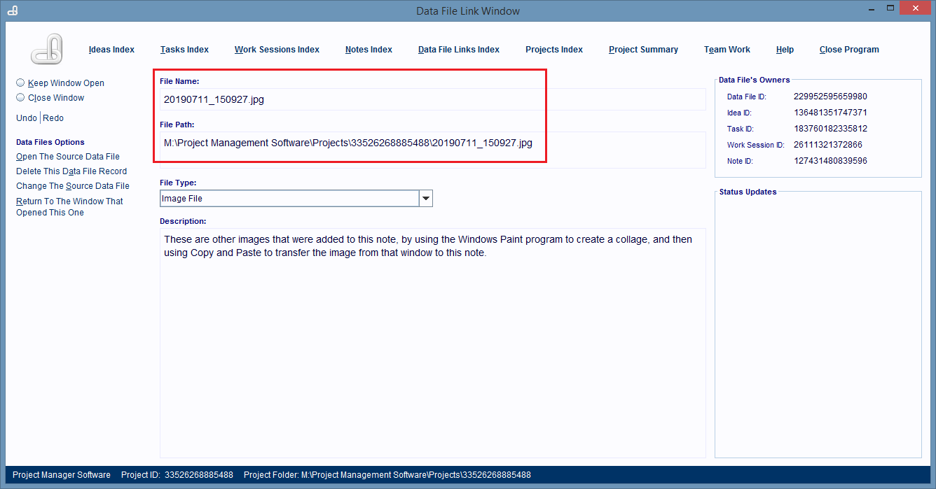 The window's file name and file path fields change their values.