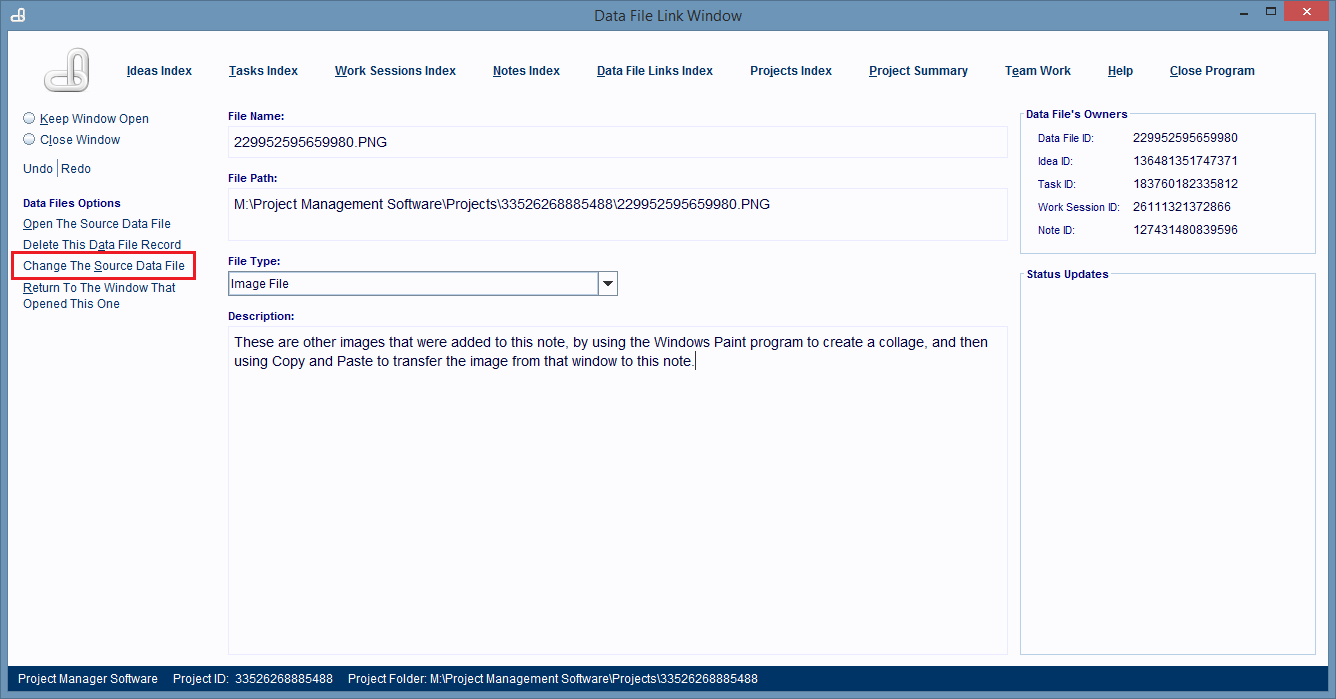 Click the Change The Source Data File hyperlink to link the record to a different computer file.