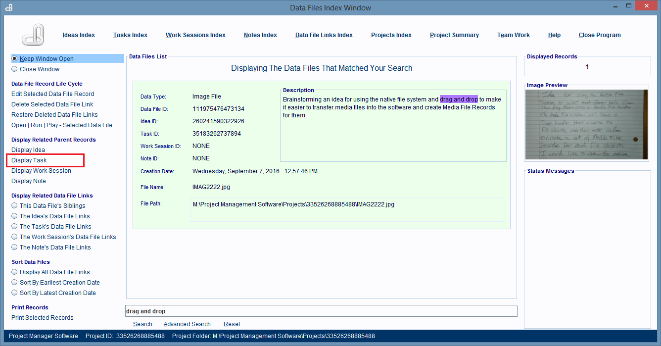 Clicking the Display Task hyperlink displays the record's parent task in its editing window.