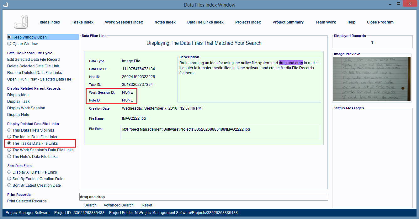 The last ID number in the record tells you which type of parent record created this Data File Link record.