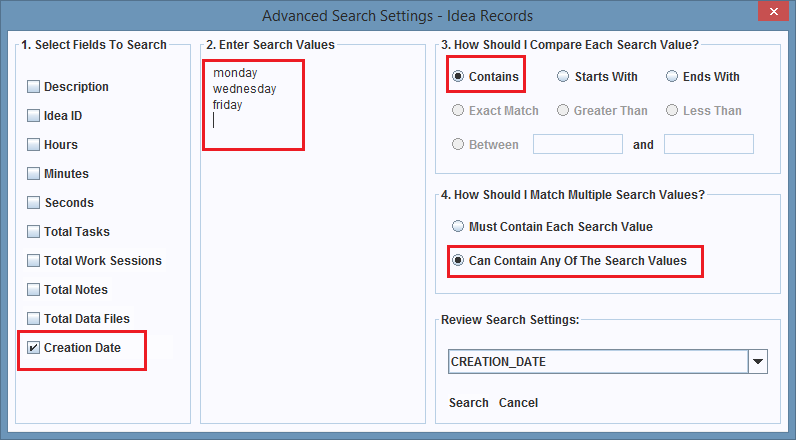 Search configuration for the Start Time field.