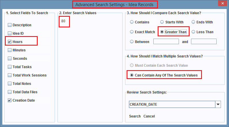 Search configuration for the Hours field.