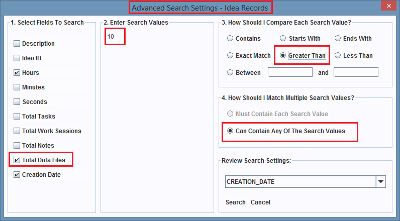 Search configuration for the Total Data Files field.