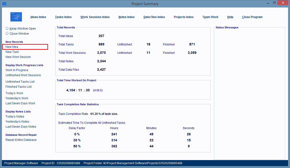 Project Summary Window