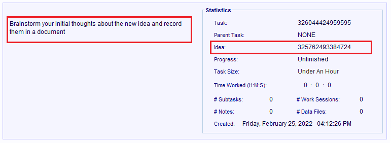 An Idea record created from a description typed into the Ideas Window's Planning field.