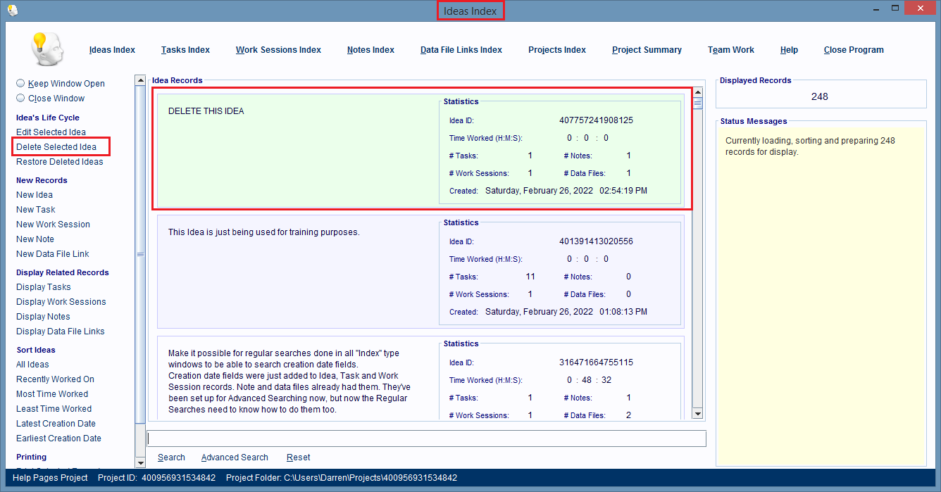 Ideas Index Window