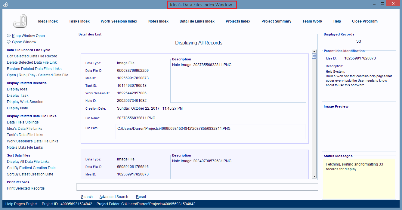 Idea's Data Files Index Window is being displayed and it shows all the computer files linked to 
                 the Idea record.