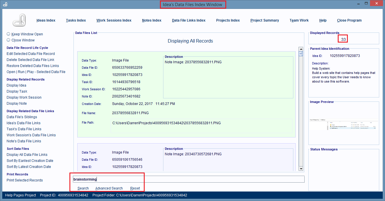 Idea's Data Files Index Window is displaying all of the Idea's Data File Link records