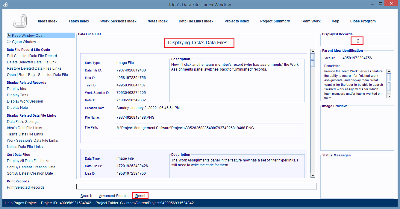 Displaying a parent task's Data File records.