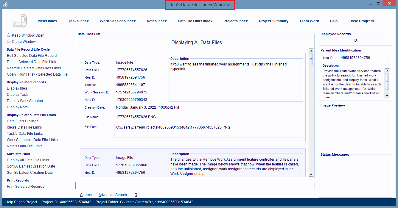 An Idea's Data File Links Index Window.