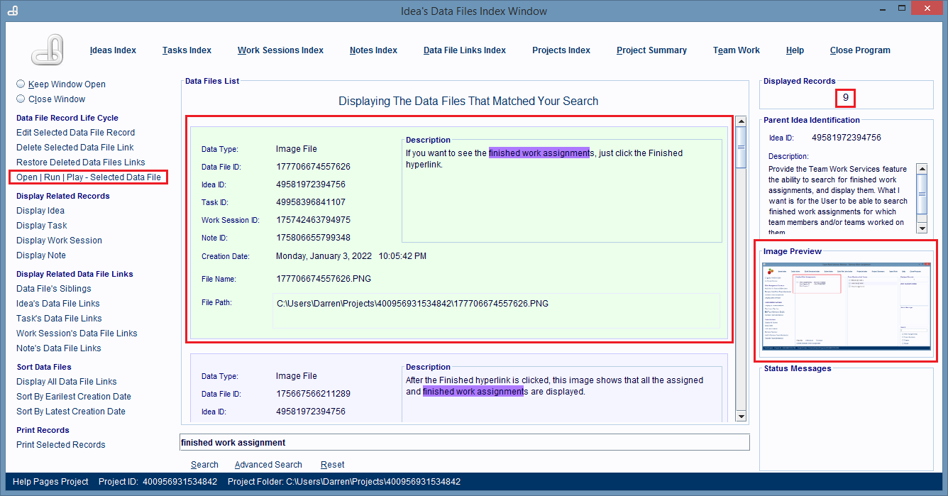 Double click on a record entry to open and display its linked computer file's contents.