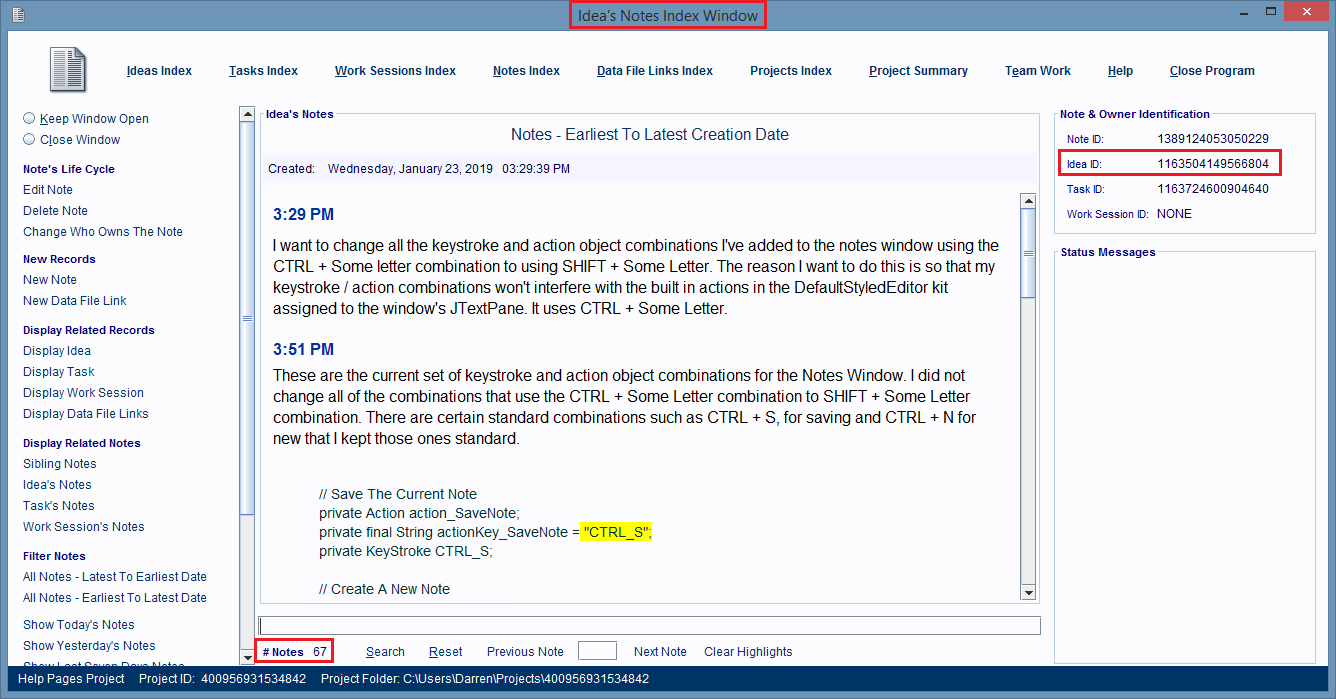 The Idea's Notes Index Window displays all the selected record's notes.
