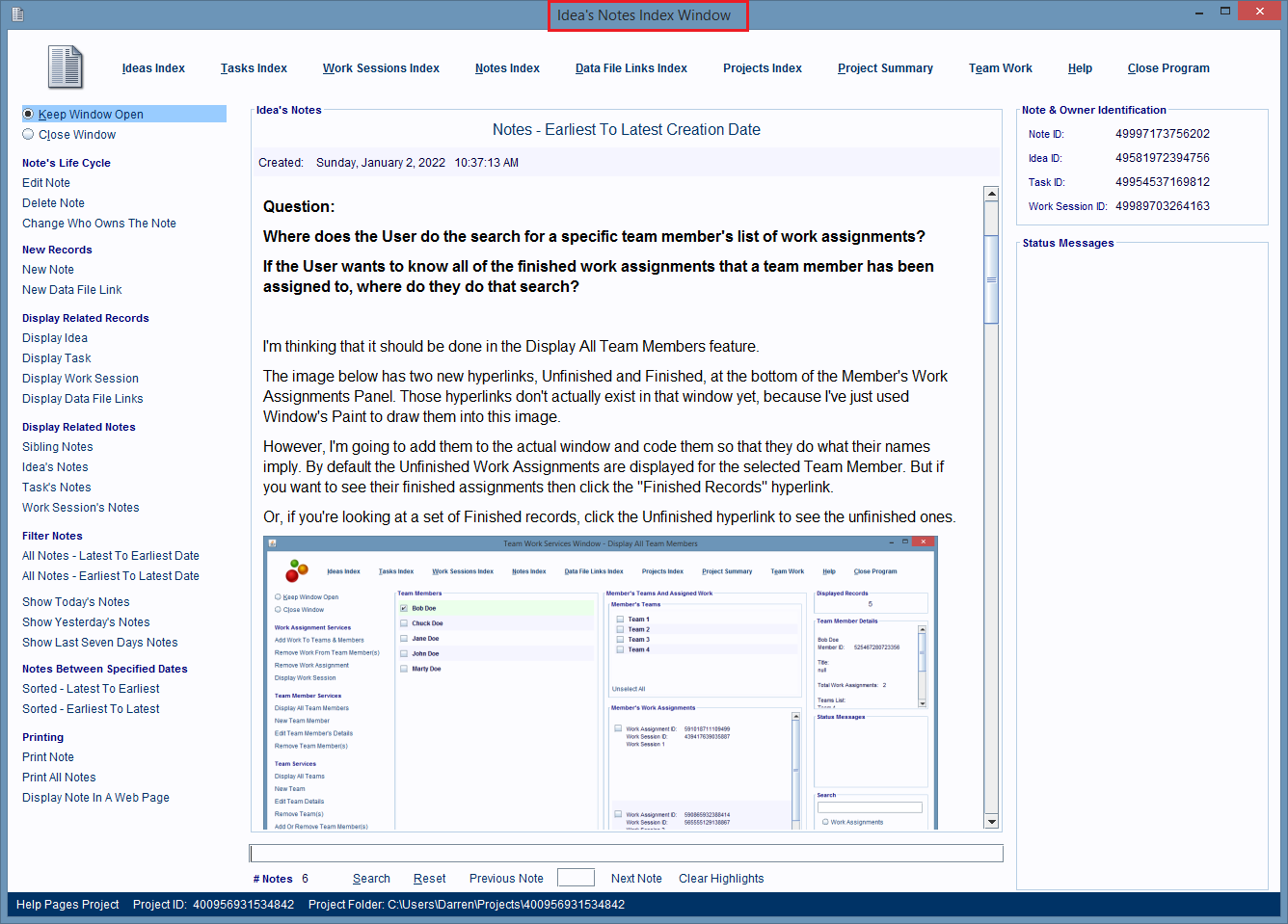 Idea's Notes Index Window