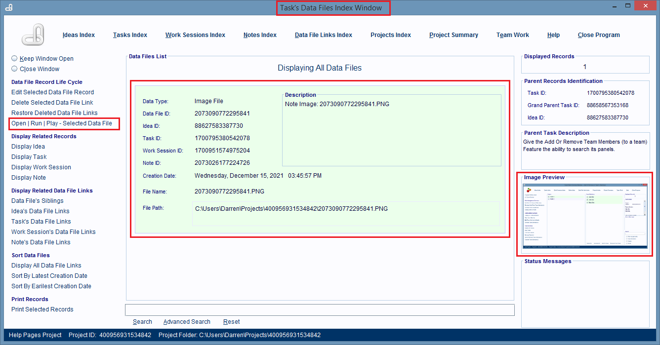 The Task's Data File Links Index Window is opened and it displays all the computer files linked to the selected Task record.