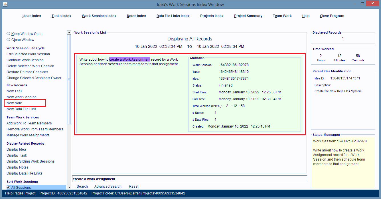 Click the New Note hyperlink to create a new note for the selected work session.