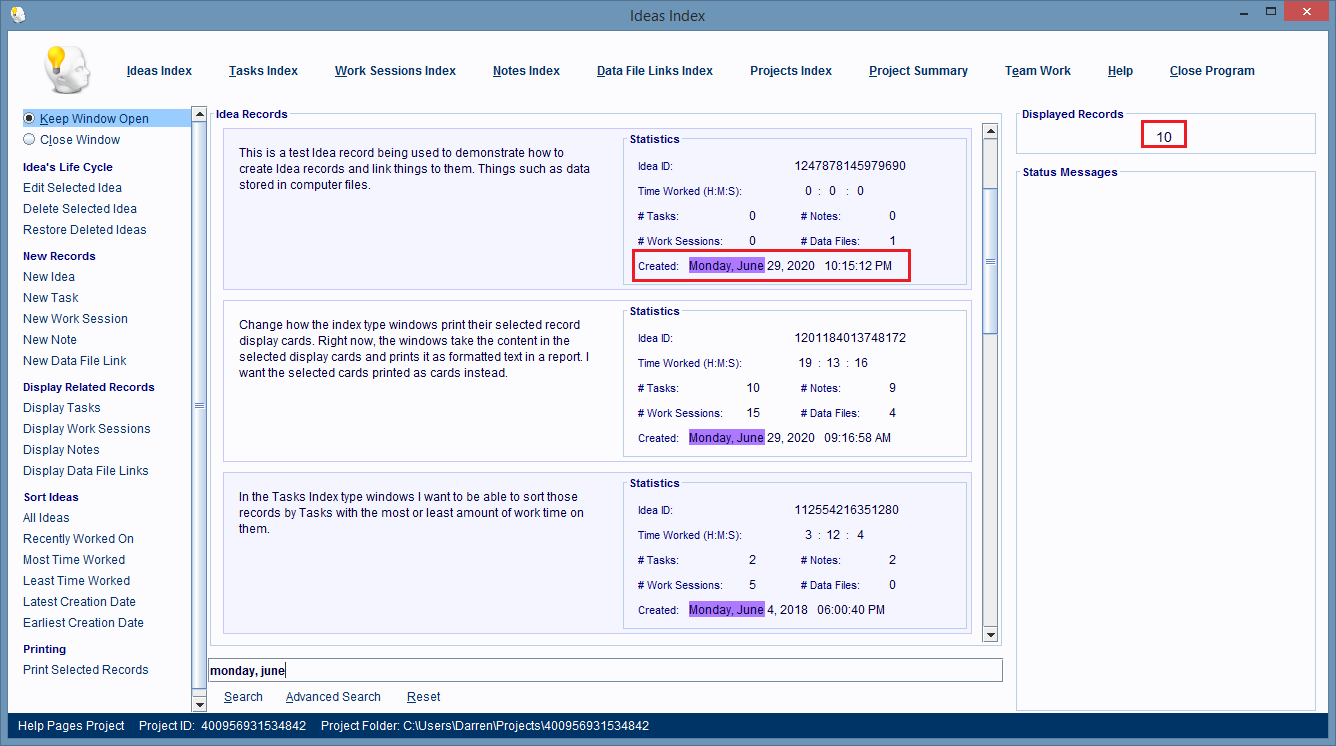 Ideas Index Window displaying matching records.