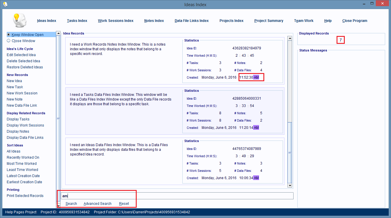 Ideas Index Window displaying matching records for 2020 search.