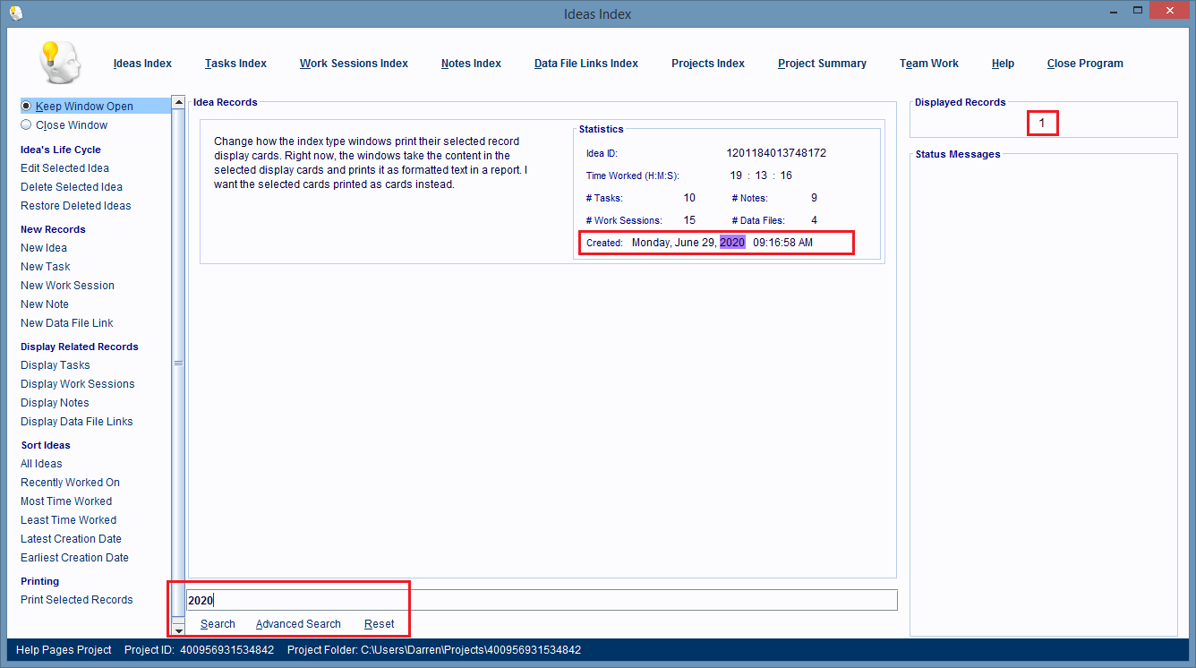 Ideas Index Window displaying matching records for AM search.