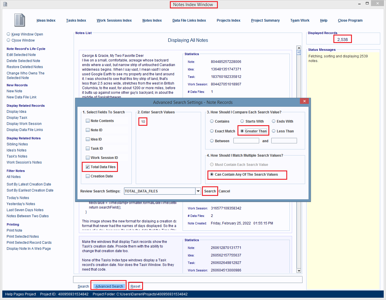 The Notes Index Window displaying an Advanced Search Settings 
                        dialog box. The box has a search configured.