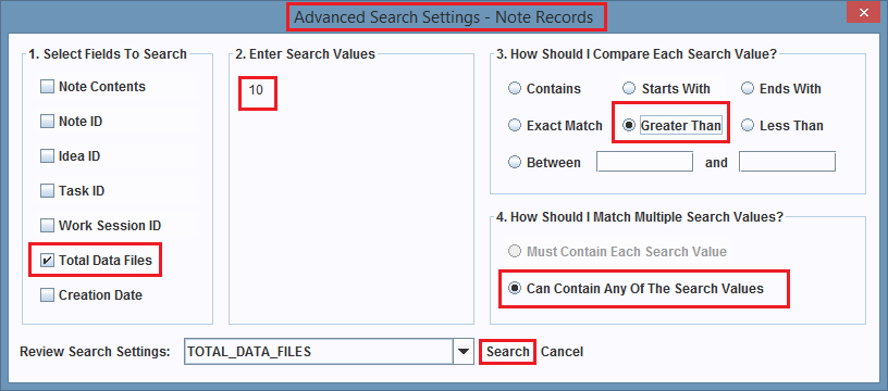 The search settings for the Advanced Search.