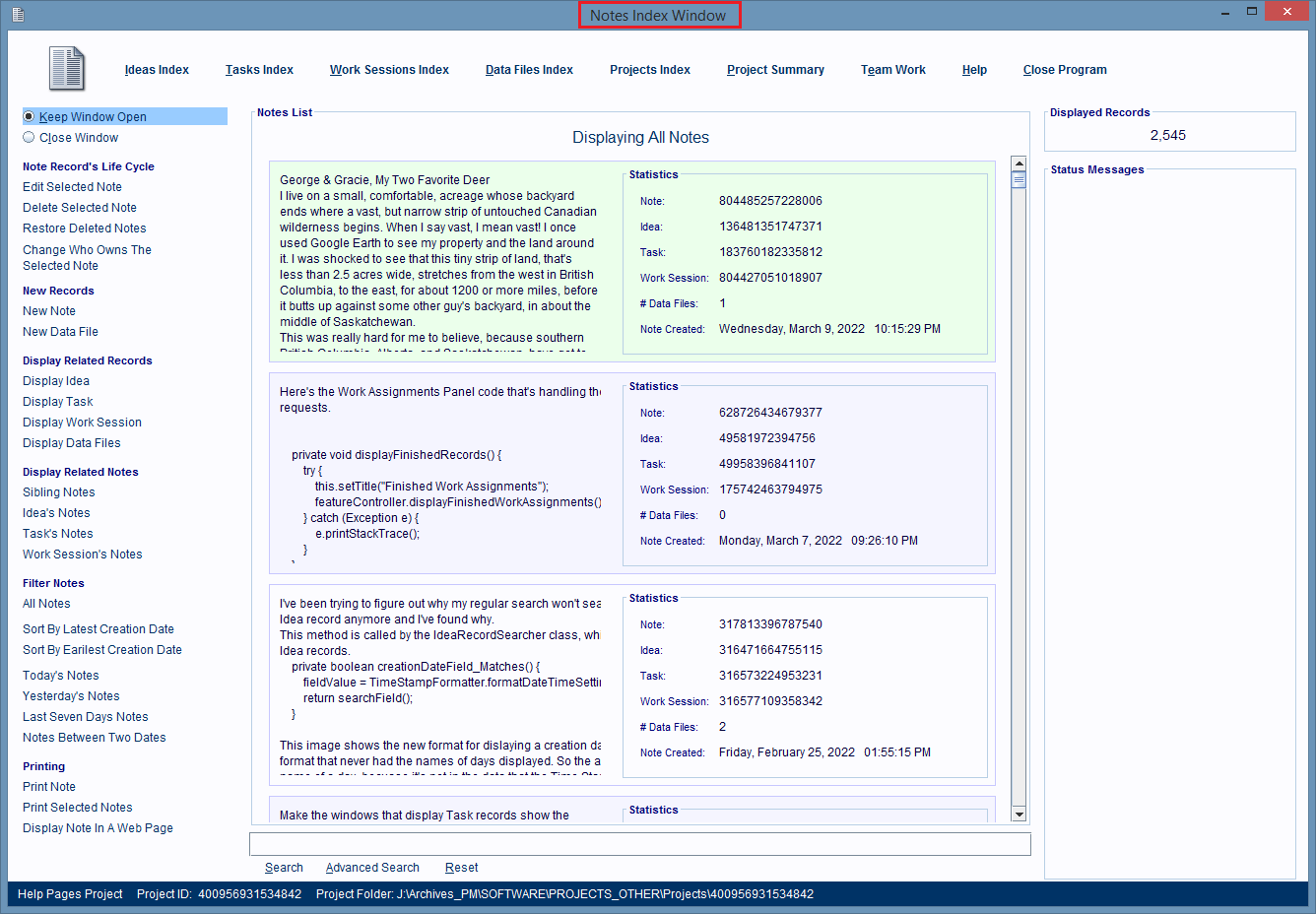 A Notes Index Window.