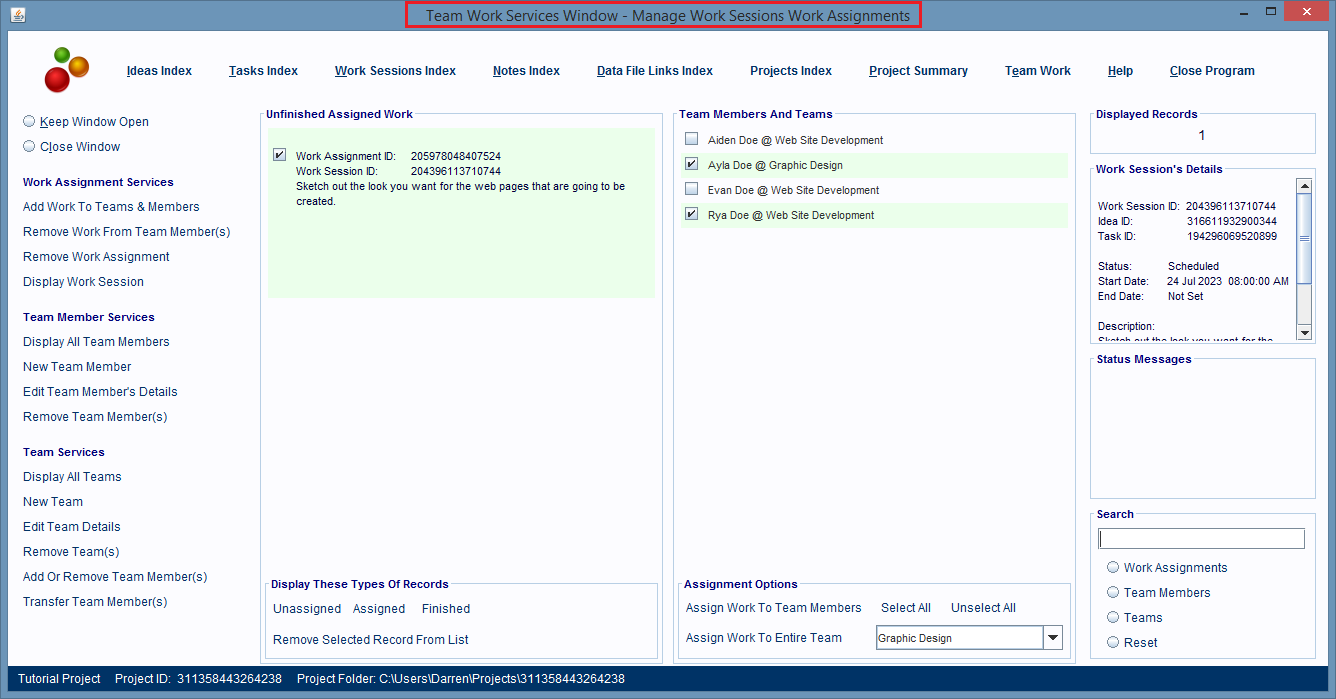 The Team Work Services window