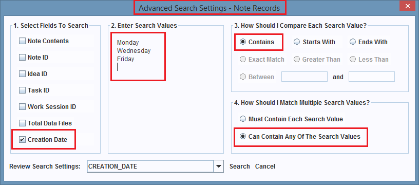 Advanced Search Settings Dialog Box.