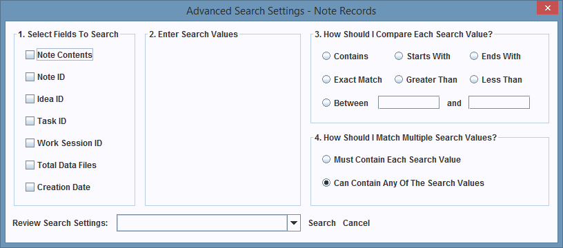 Advanced Search Settings Dialog Box.