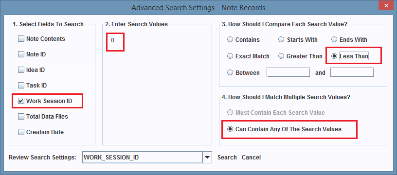 Search configuration for the Work Session ID field.