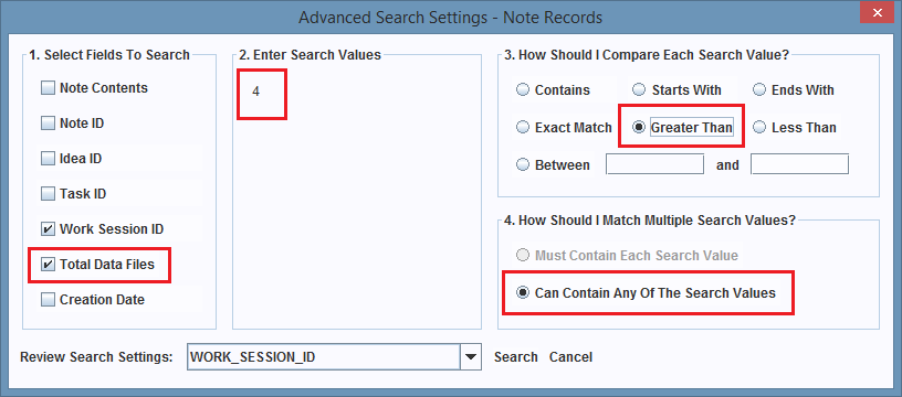 Search configuration for the Total Data Files field.