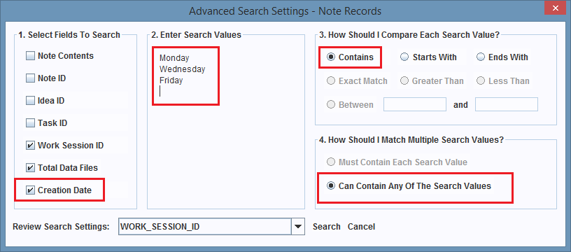 Search configuration for the Creation Date field.