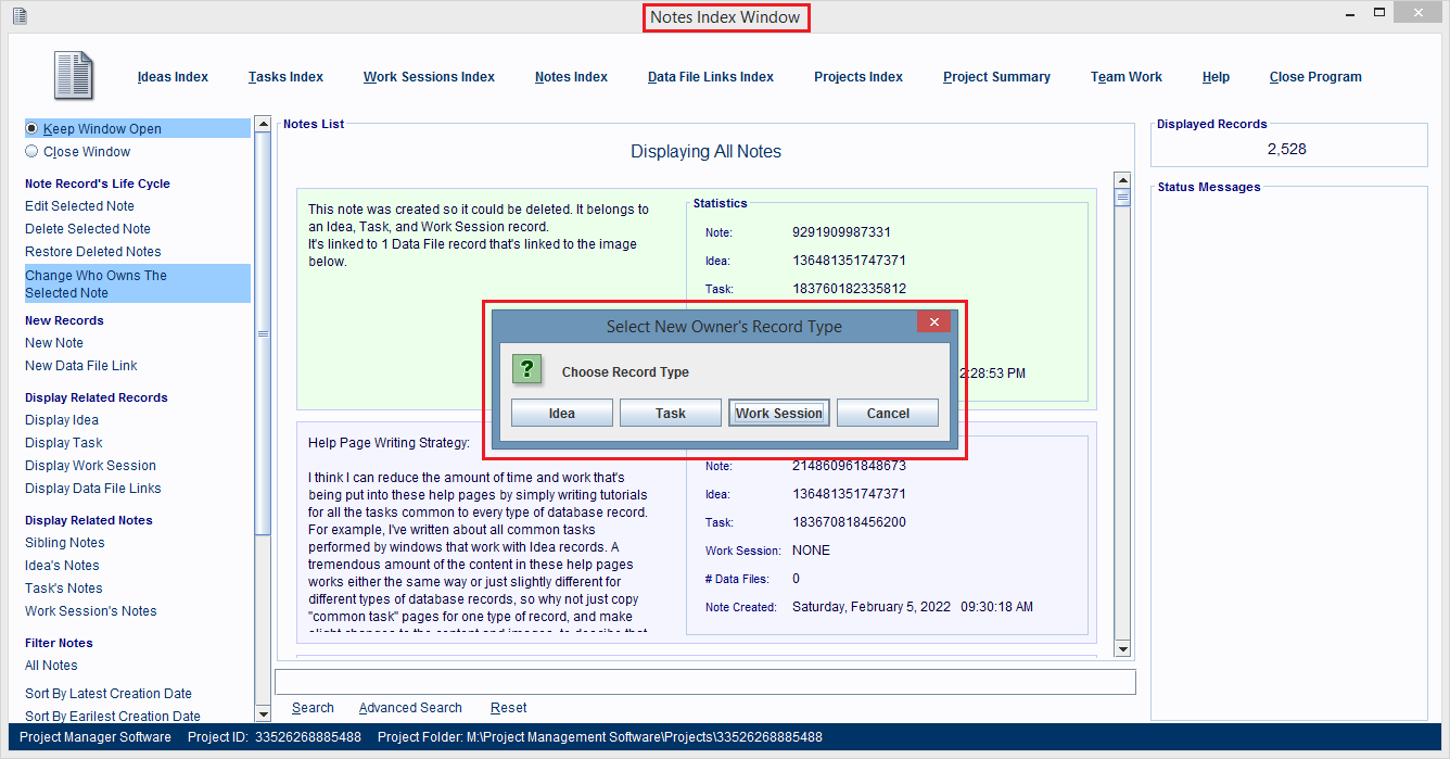 Single click on the Note record whose parent you want to change, then click  on the 
                        Change Who Owns The Selected Note hyperlink.