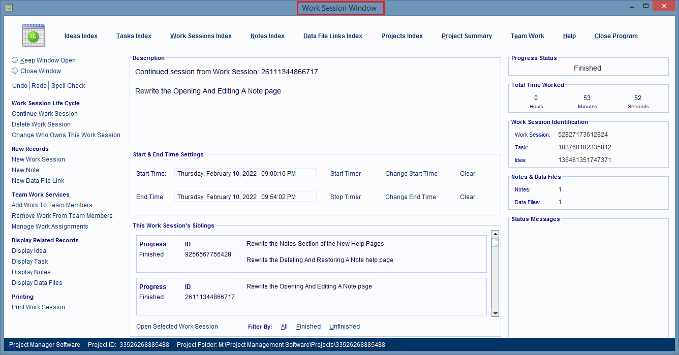 Click on the Display Work Session hyperlink to prove that the Note was linked to the new parent Work Session.