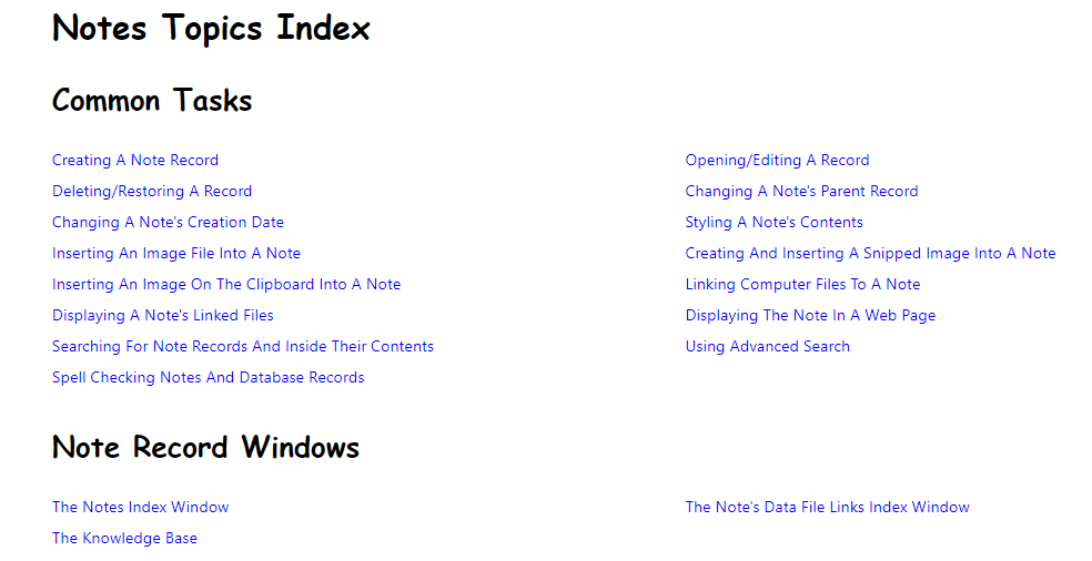 A list of the topics found in the Notes Topics Window