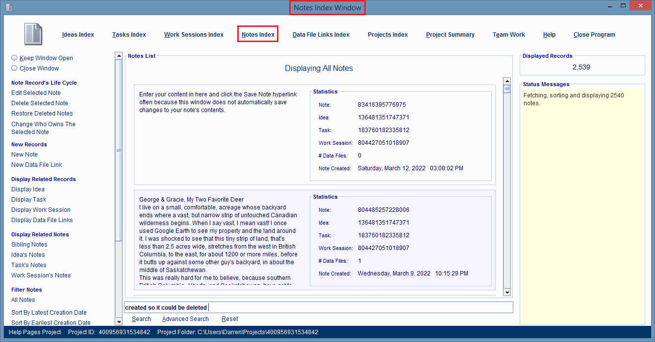 Notes Index Window.