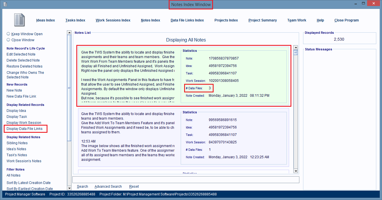 Notes Index Window with a record selected.